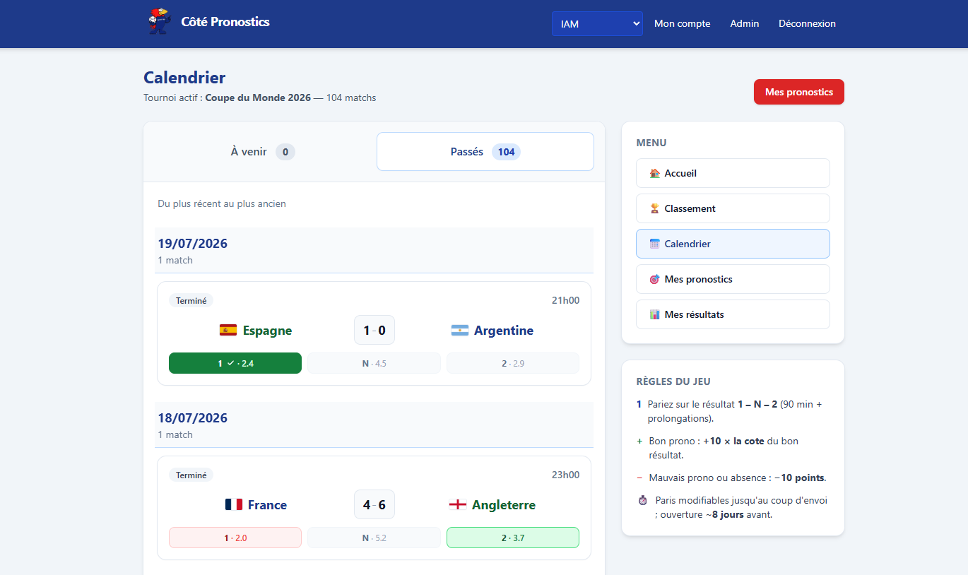 Capture de Côté Pronostics — accueil live et classement du concours