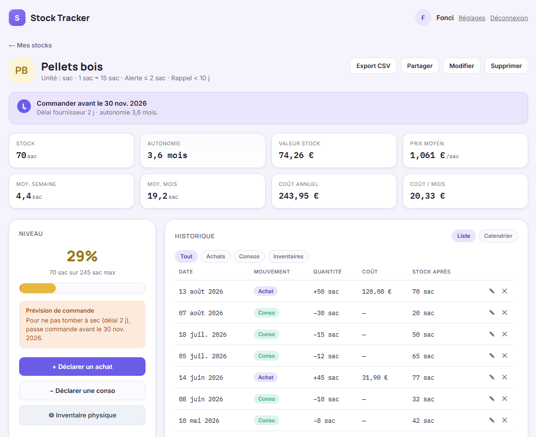 Capture de Stock Tracker — tableau de bord multi-stocks et alertes